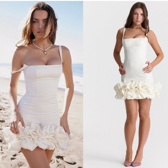 House of CB ‘Lilou’ Ivory Ruffle Hem Mini Dress NWOT